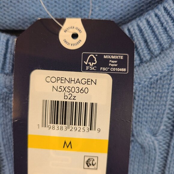 NWT Nautica Jeans Cable Knit Sweater In Slate Blue w/ Contrast Stripe Trim Sz M - Picture 2 of 8